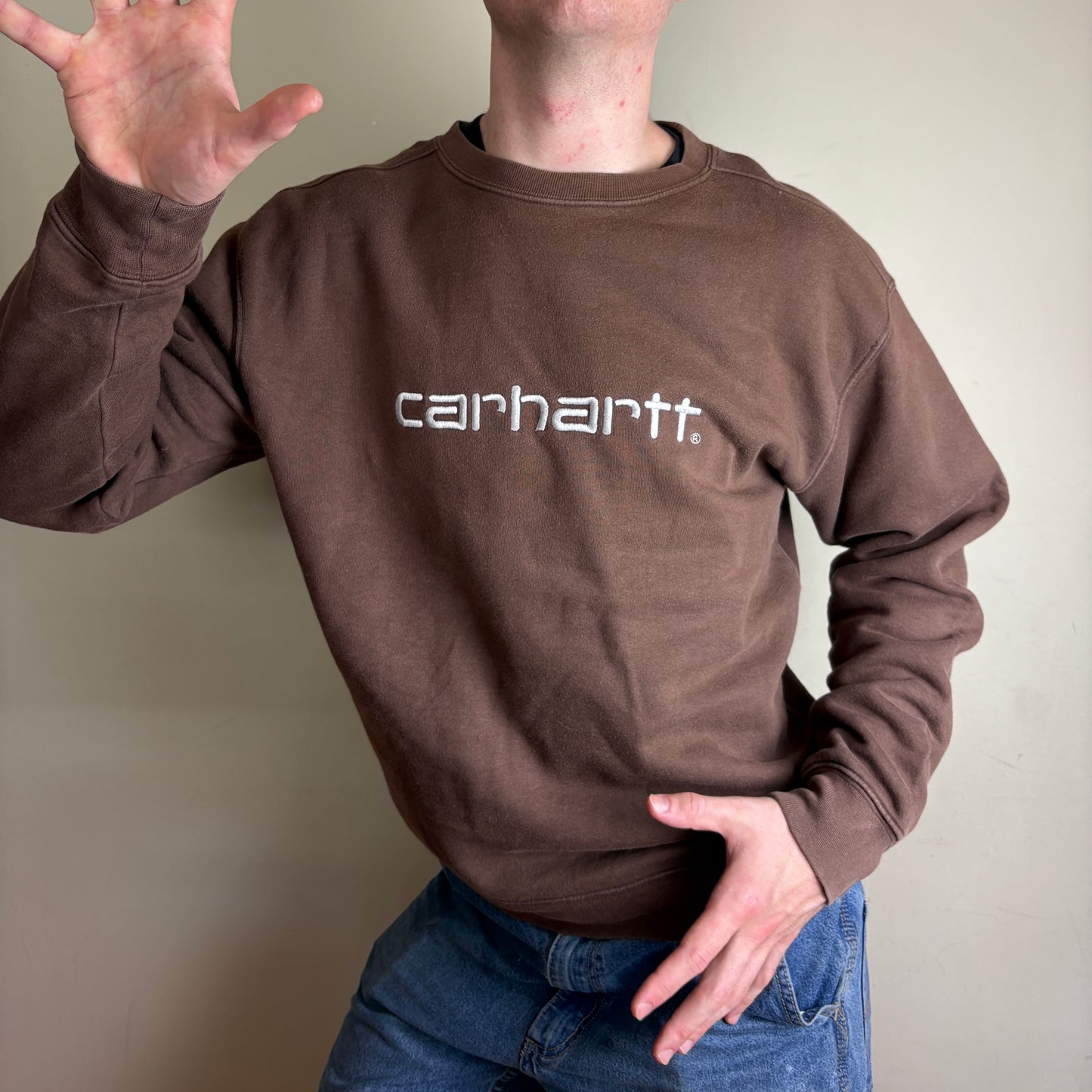 Vintage Carhartt Brown Spellout Embroidered Sweatshirt - L