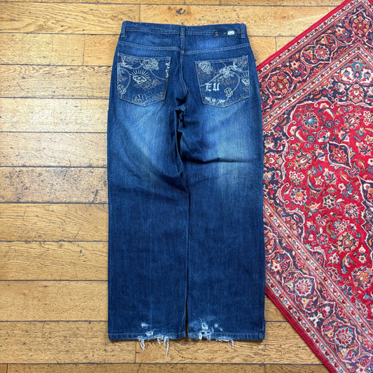 Vintage Ecko Unltd Blue Embroidered Y2K Hip Hop Baggy Jeans - 36