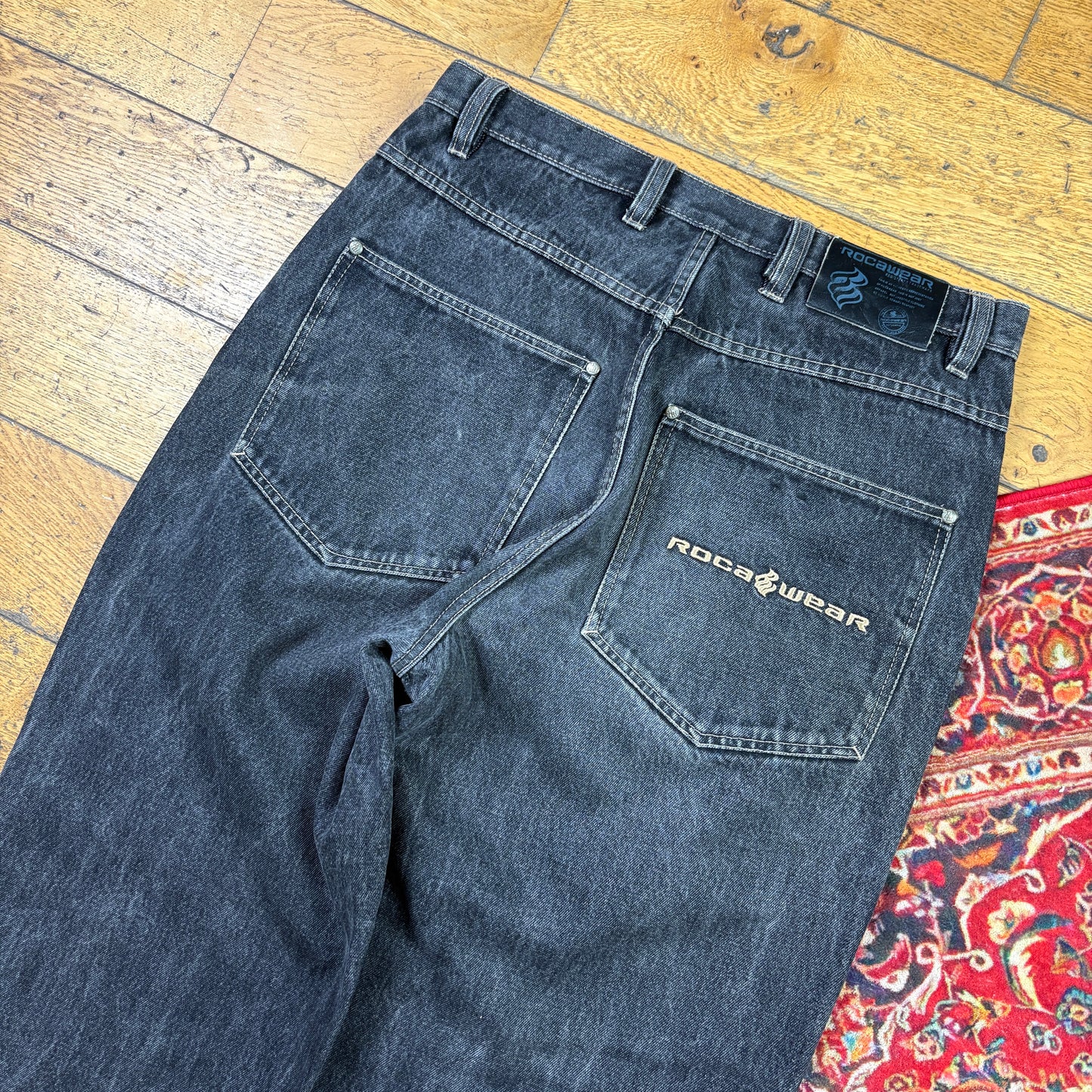 Vintage Rocawear Black Embroidered Y2K Hip Hop Baggy Jeans - 34