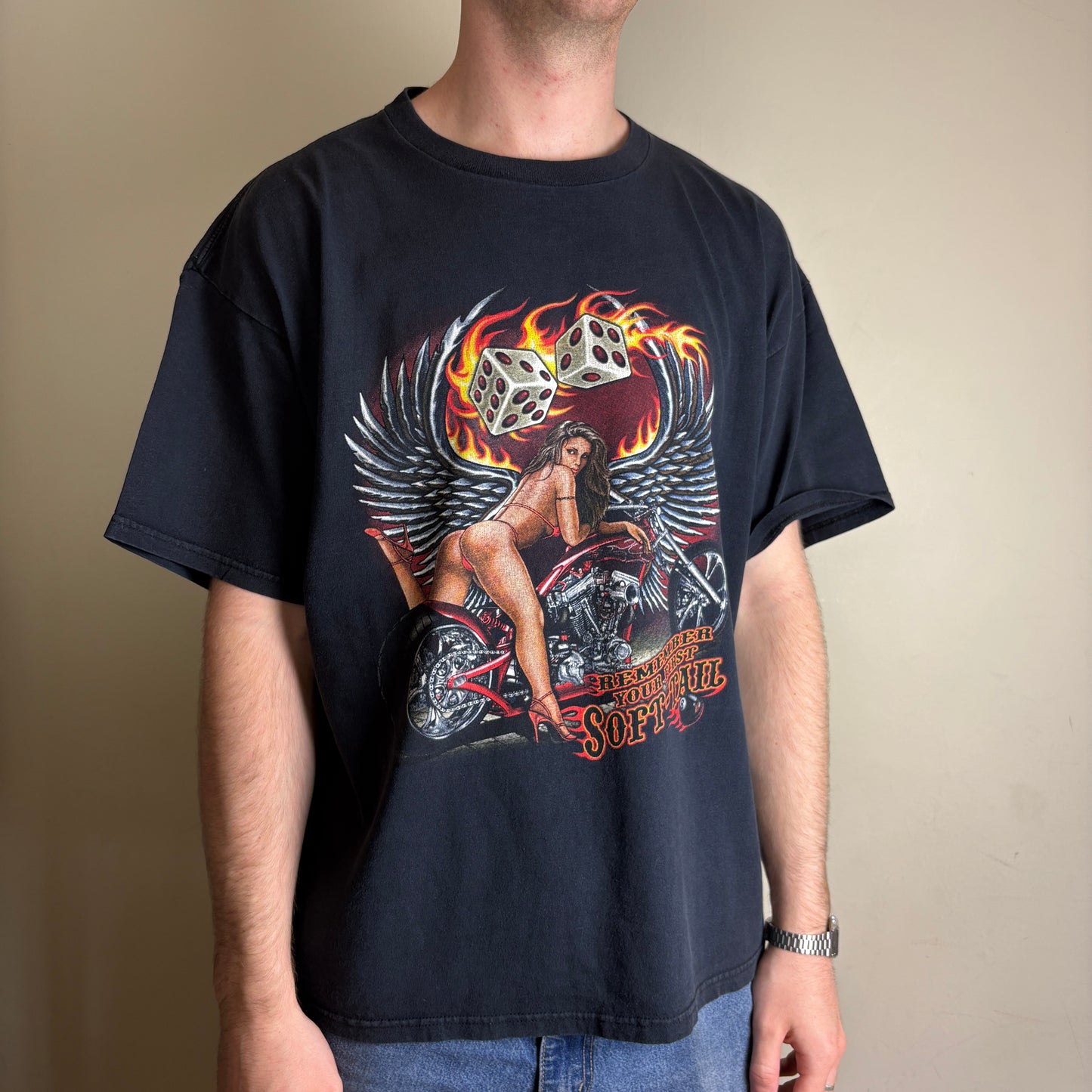 Vintage Motorbike Gambling Black Flames Graphic T-Shirt - XL