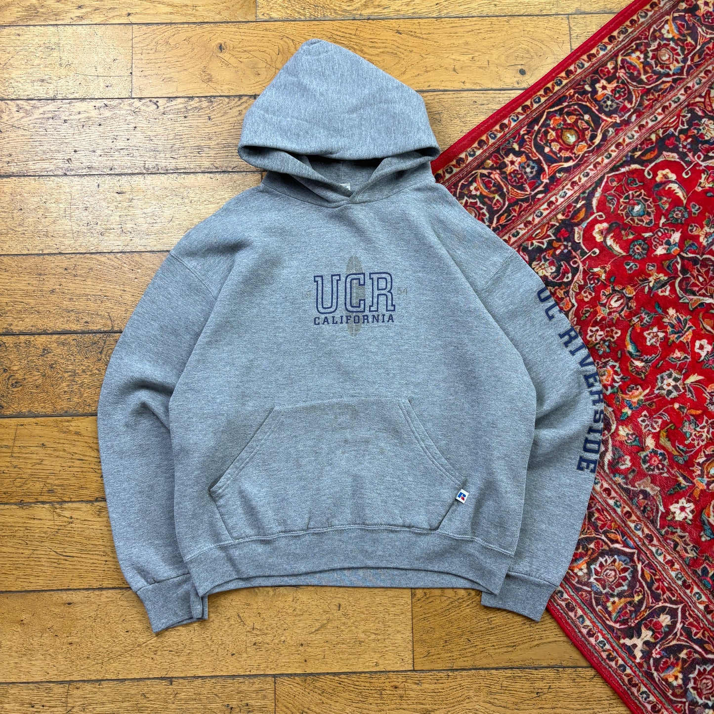 Vintage Russell Athletic Grey Surfwear USA College Hoodie Sweatshirt - M