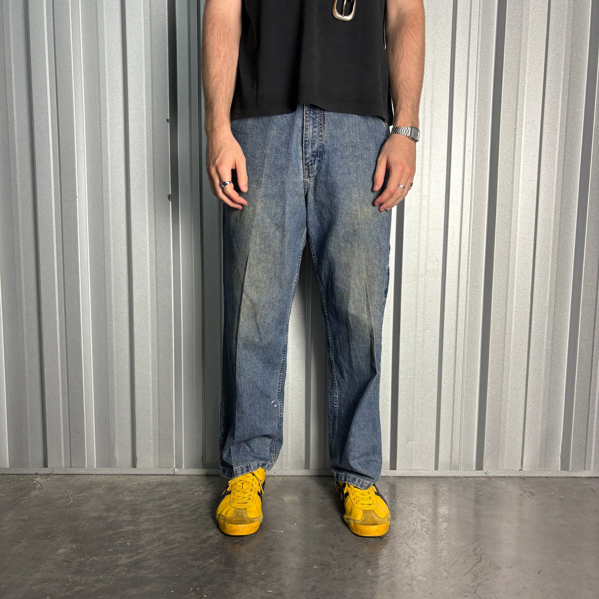 Route 66 Blue Carpenter Embroidered Japanese Denim Hip Hop Y2K Baggy Jeans - 34S