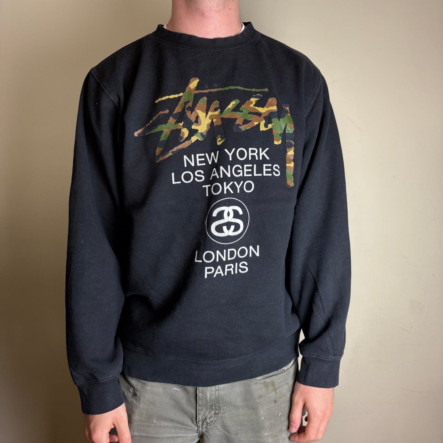 Vintage Stussy Black Camo Spellout Streetwear Sweatshirt - XL