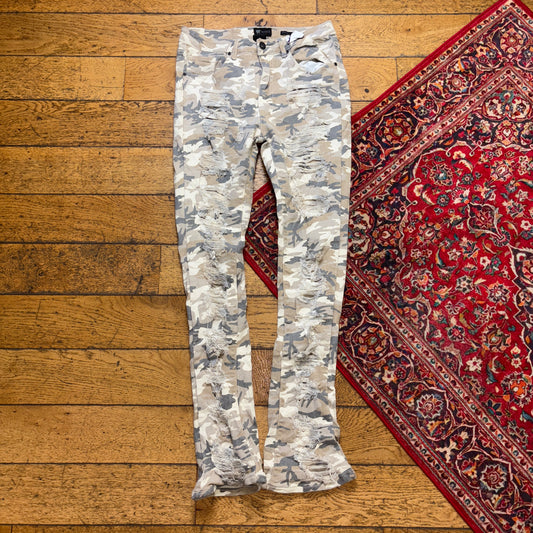 Vintage Camo Cream Stacked Grunge Distressed Y2K Hip Hop Skinny Jeans - 32L