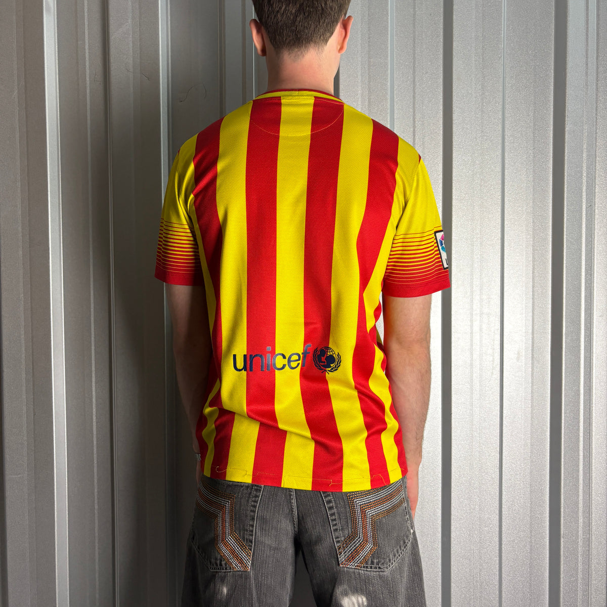 FC Barcelona 2013/15 Away Red Yellow Nike Stripe Football Shirt - M