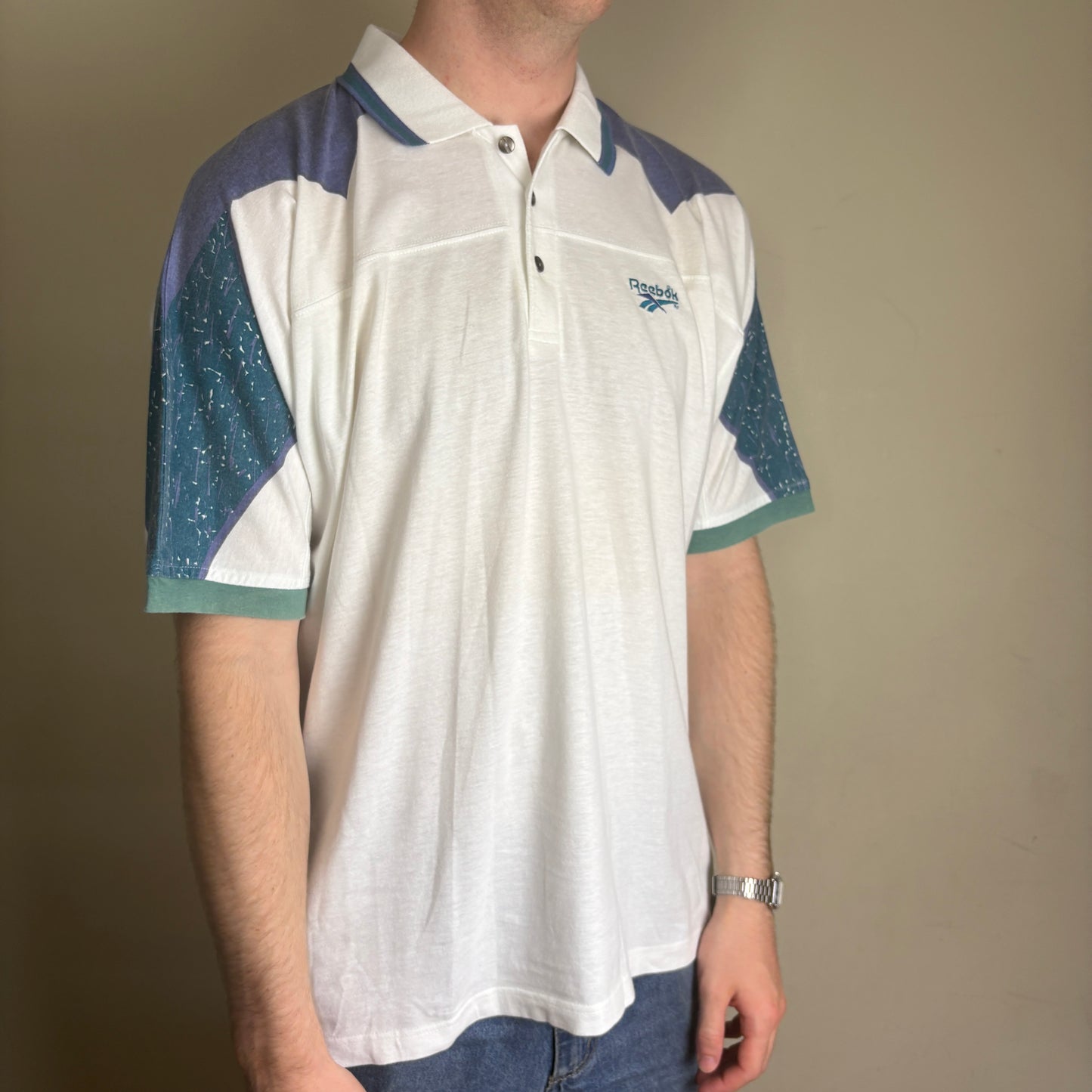 Vintage Reebok White Blue Polo Shirt - L