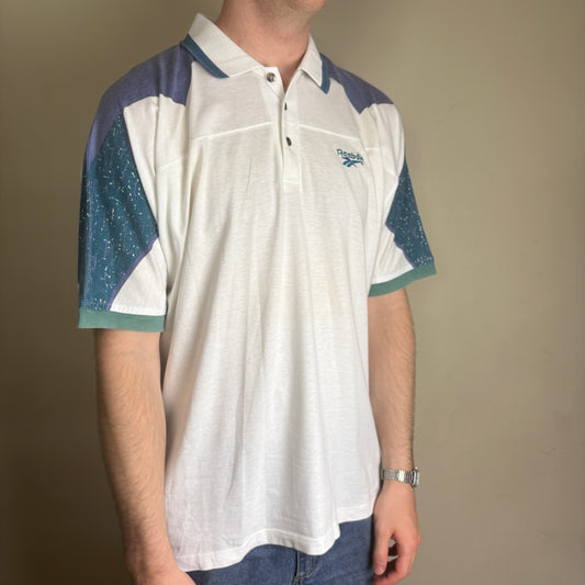 Vintage Reebok White Blue Polo Shirt - L