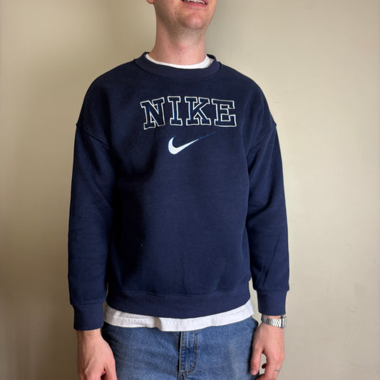 Vintage Nike Navy Spellout Swoosh Embroidered Sweatshirt - M