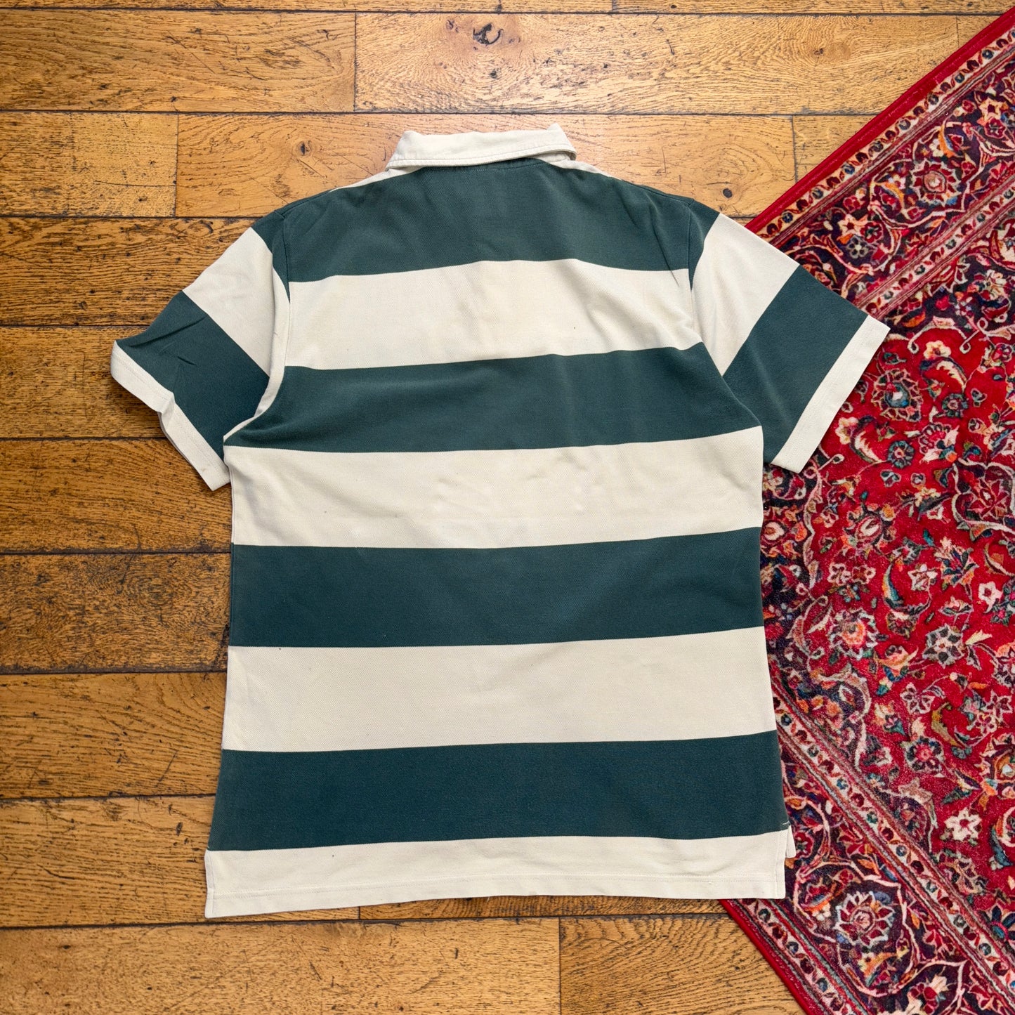 Vintage ASICs Green Cream Stripe Polo Shirt - L