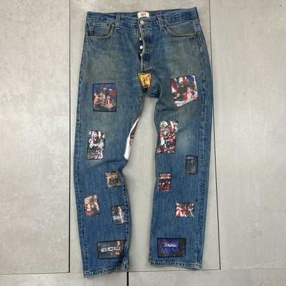 Vintage Levis 501 Patchwork The Libertines Blue Denim Straight Jeans - 36