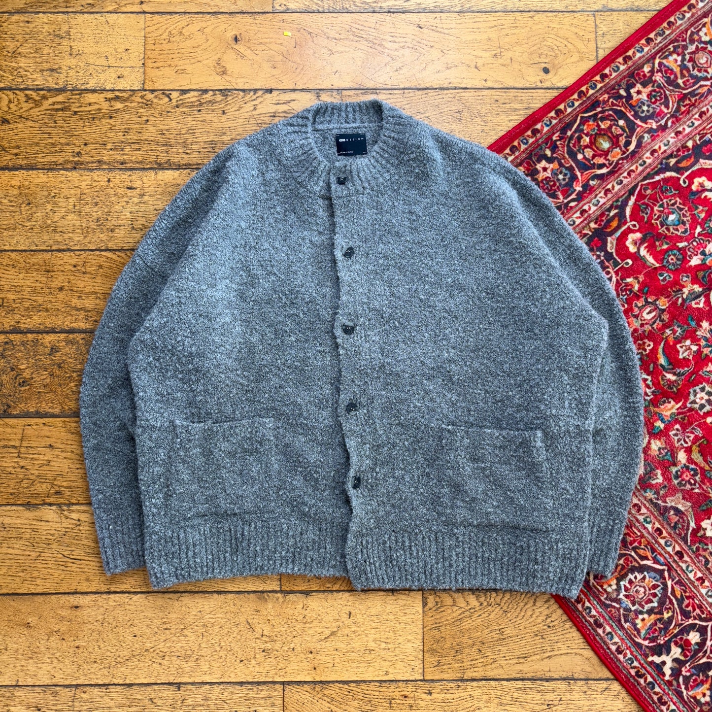 ASOS Design Grey Cardigan Boxy Chunky Knit Jumper - L