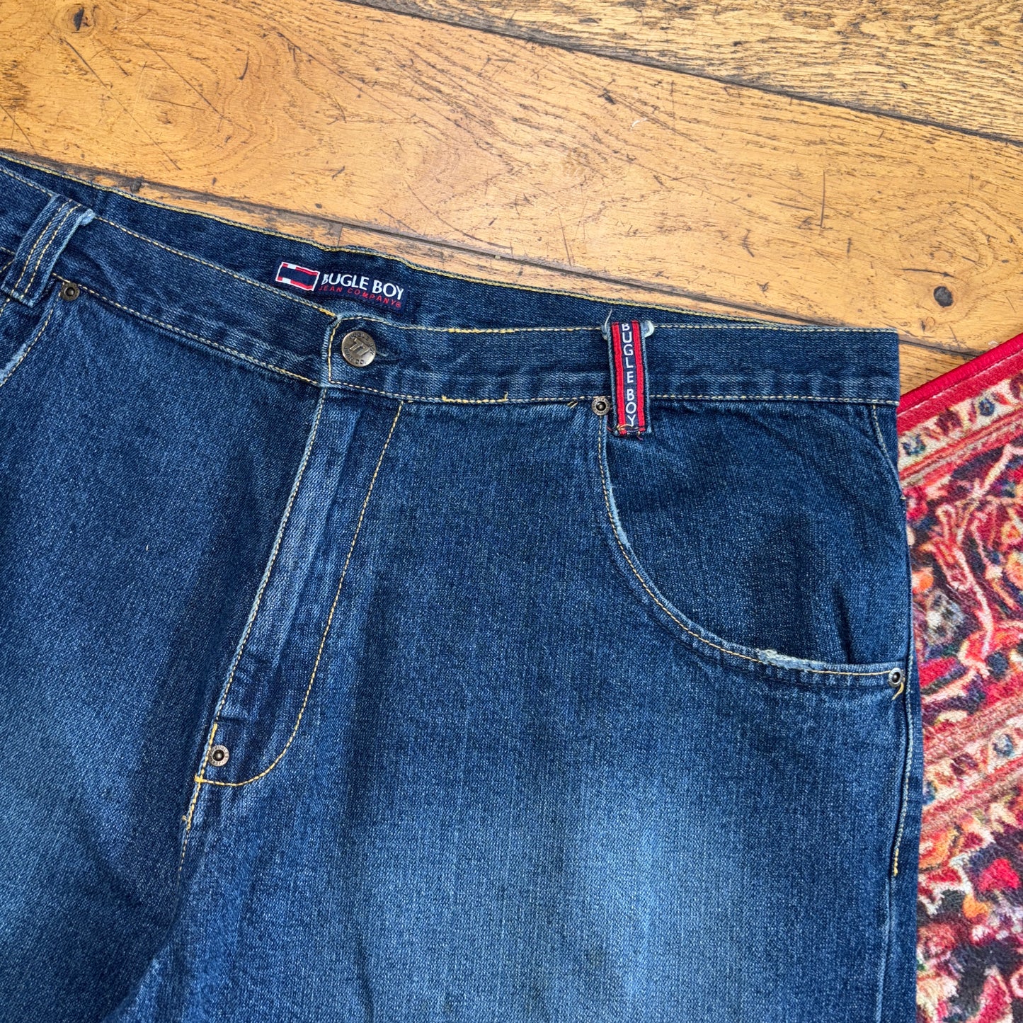 Vintage Bugle Boy Blue Embroidered Y2K Hip Hop Baggy Jeans Shorts Jorts - 44