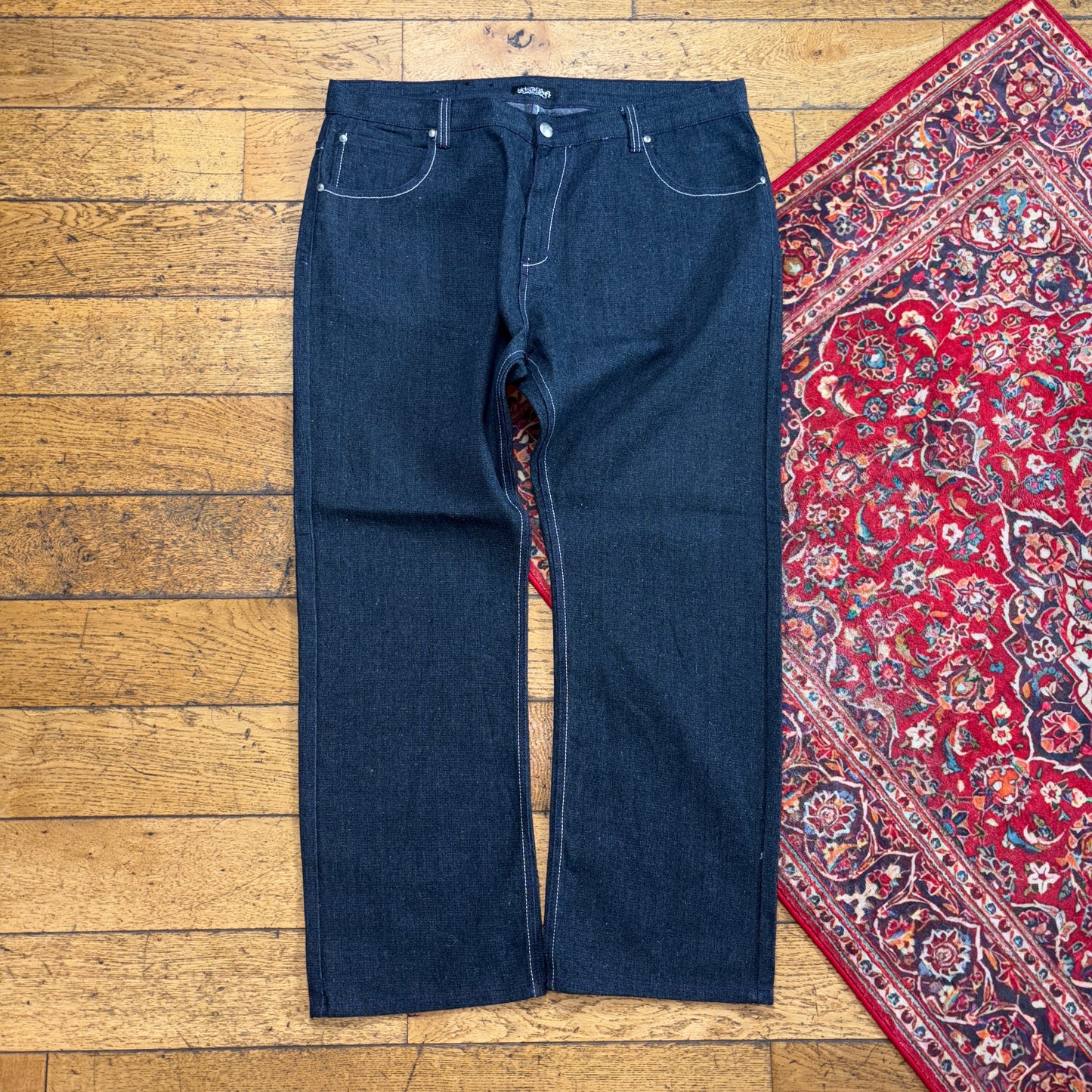 Vintage Urban Label Black Embroidered Y2K Hip Hop Baggy Jeans - 42R