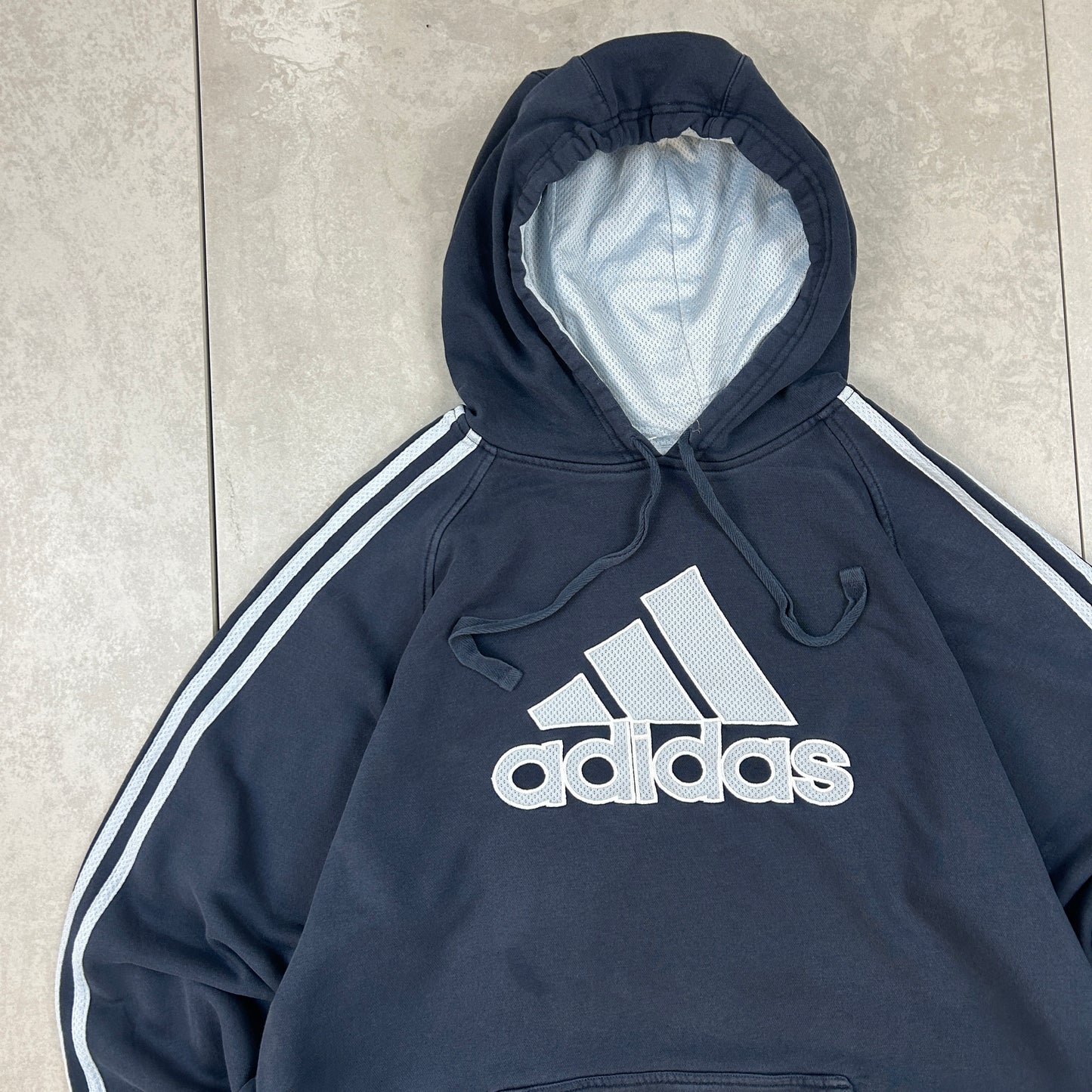 Vintage 00s Adidas Embroidered Stripe Big Logo Navy Hoodie - L