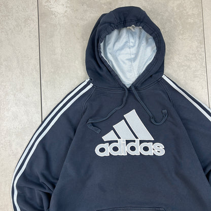 Vintage 00s Adidas Embroidered Stripe Big Logo Navy Hoodie - L