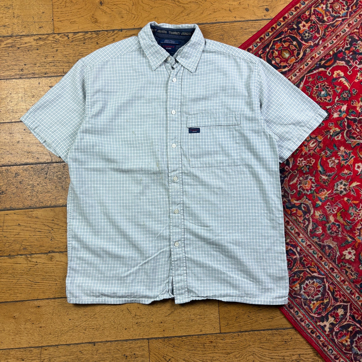 Vintage Tommy Hilfiger Blue Check Short Sleeve Embroidered Shirt - M