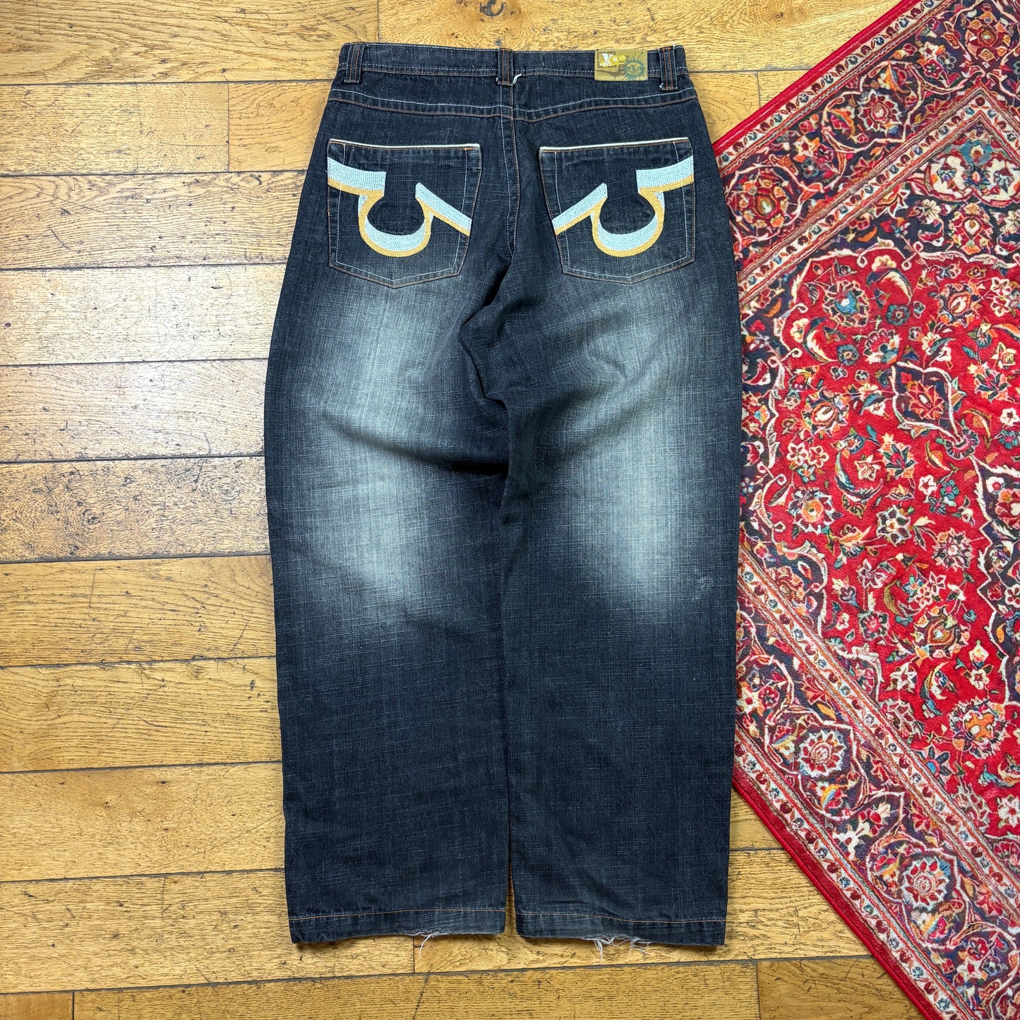 Vintage Black Embroidered Y2K Hip Hop Baggy Jeans - 36