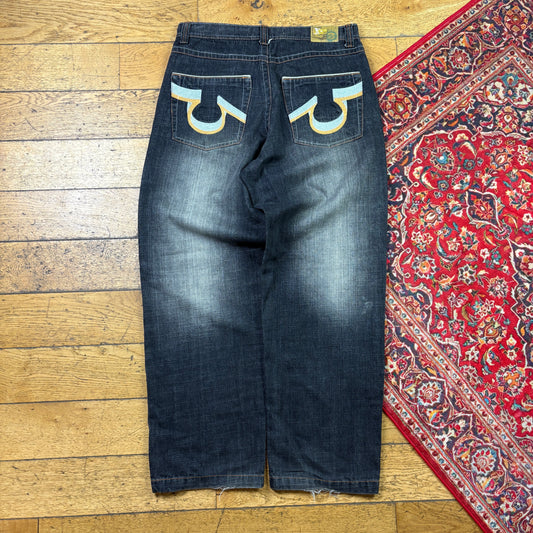 Vintage Black Embroidered Y2K Hip Hop Baggy Jeans - 36