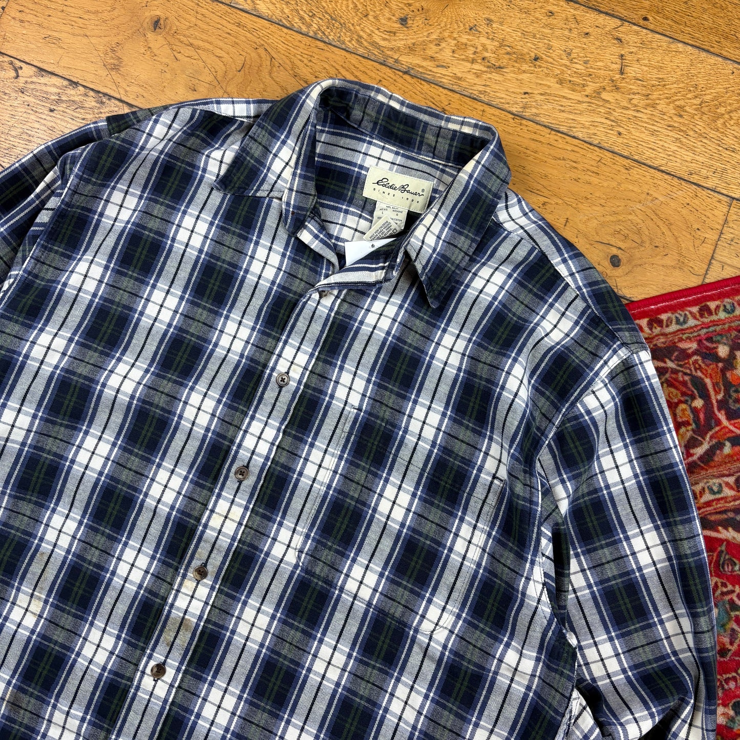 Vintage Eddie Bauer Blue White Green Check Shirt - L