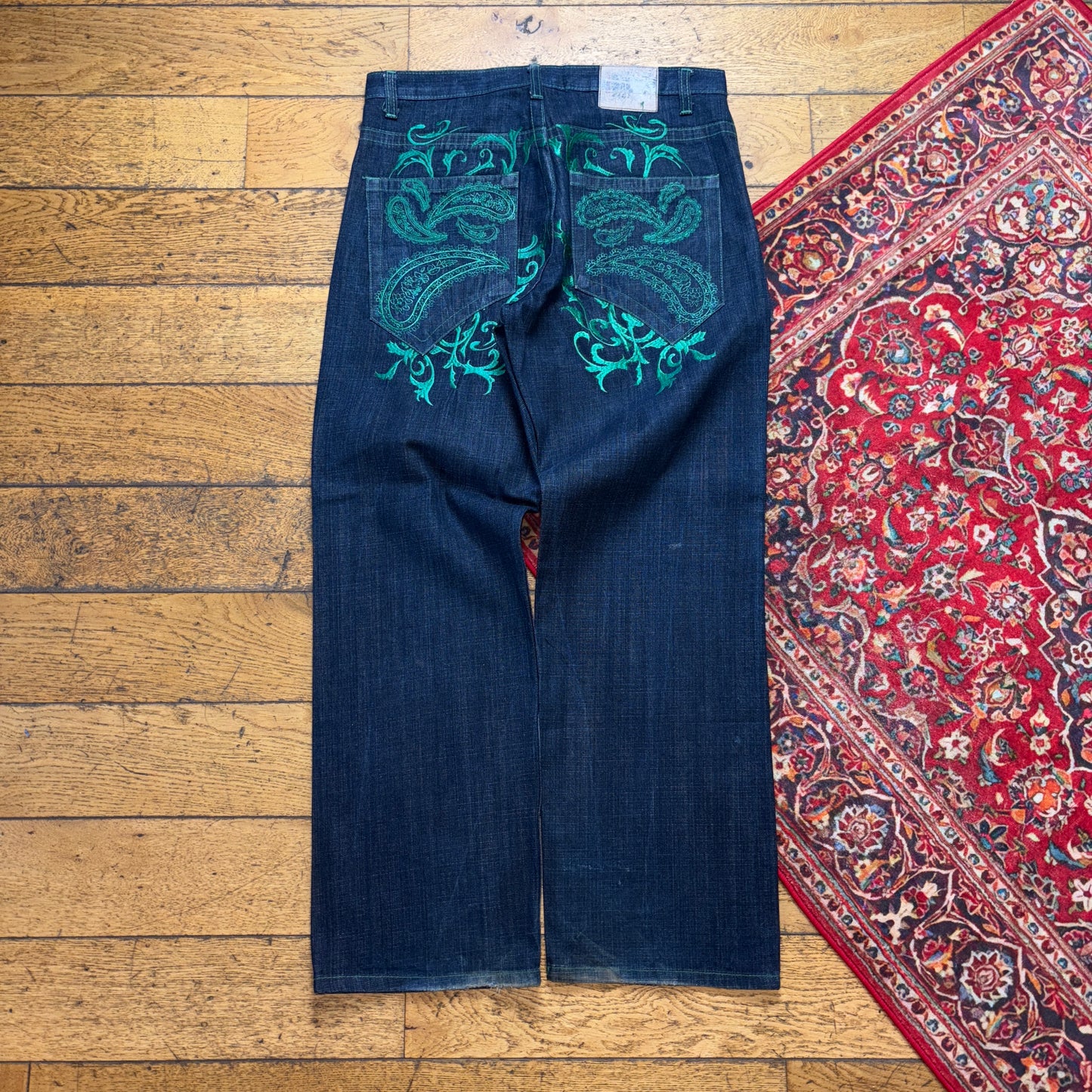 Vintage Dark Blue Embroidered Y2K Hip Hop Baggy Jeans - 34R
