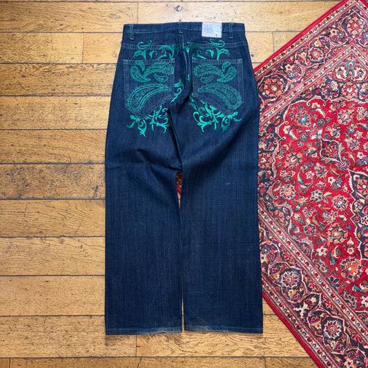 Vintage Dark Blue Embroidered Y2K Hip Hop Baggy Jeans - 34R