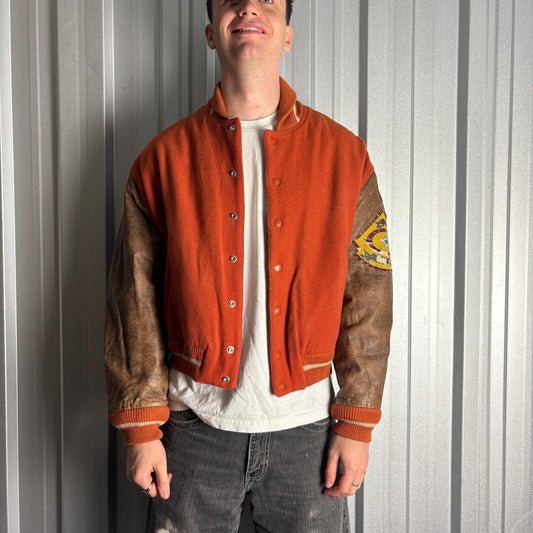 Vintage Converse 90s Orange Brown Wool Leather Varsity Boxy Letterman Jacket - L