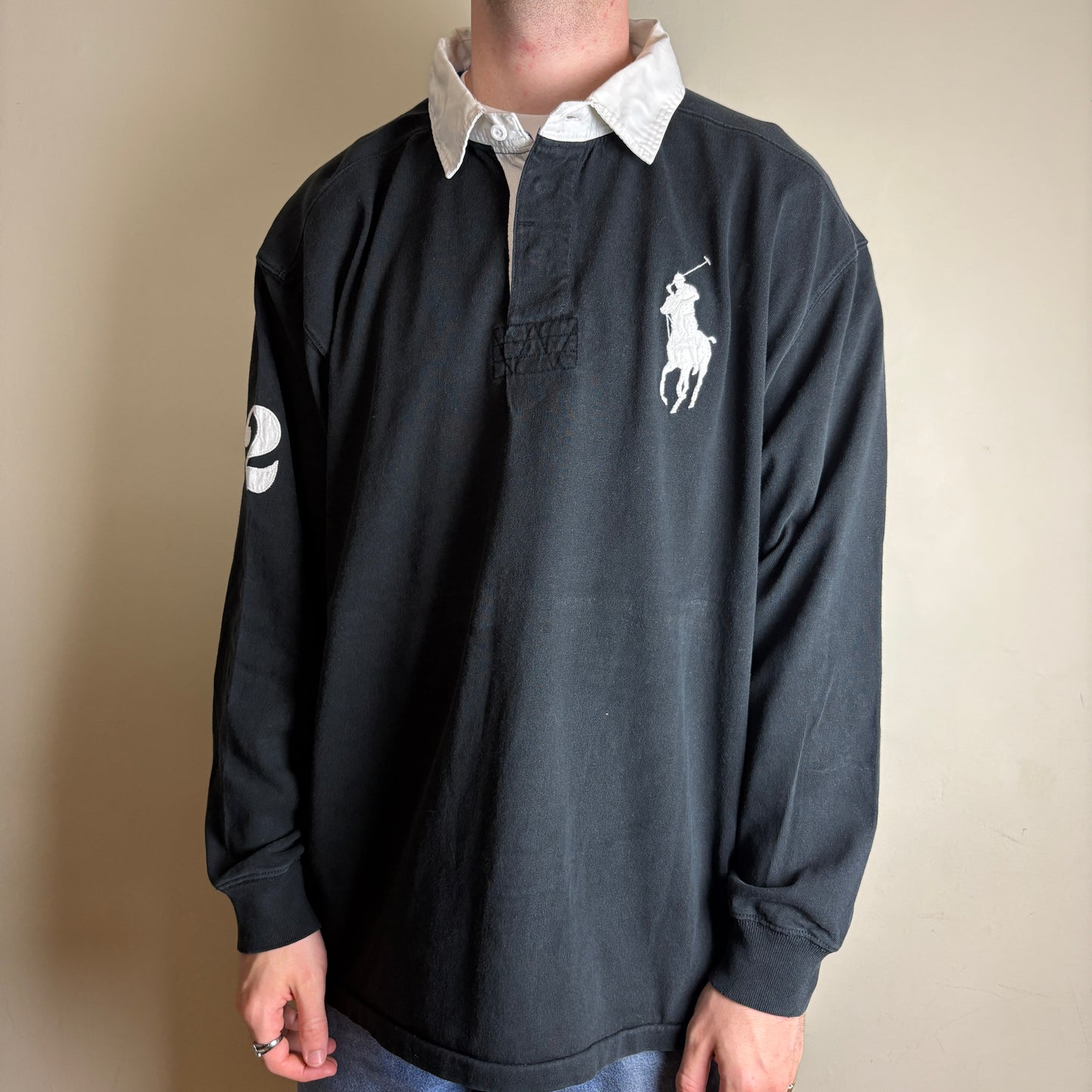 Vintage Ralph Lauren Black Big Pony Long Sleeve Rugby Polo Shirt - 3XL