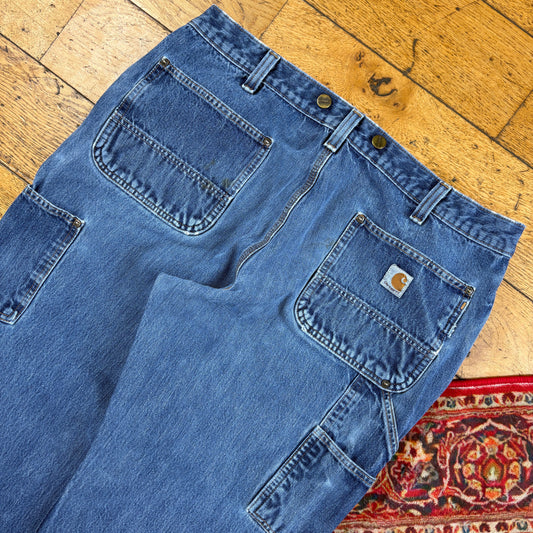 Vintage Carhartt Blue Double Knee Workwear Carpenter Baggy Jeans - 38