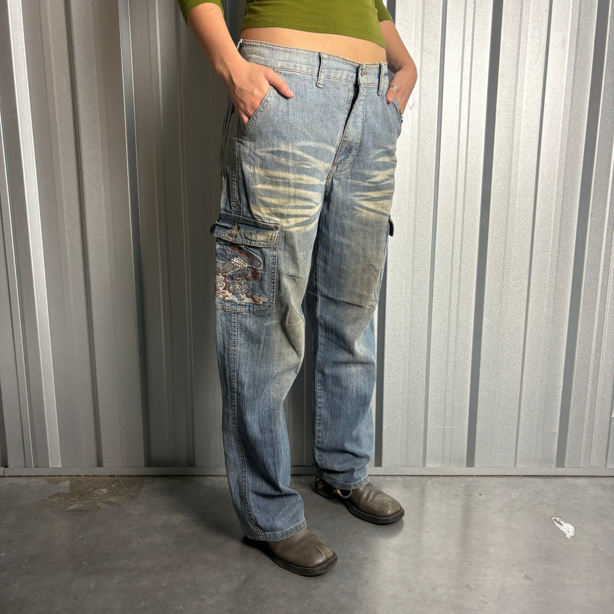 Embroidered Blue Cargo Japanese Denim Hip Hop Y2K Baggy Jeans - 32S