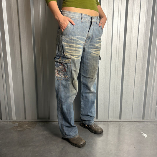 Embroidered Blue Cargo Japanese Denim Hip Hop Y2K Baggy Jeans - 32S