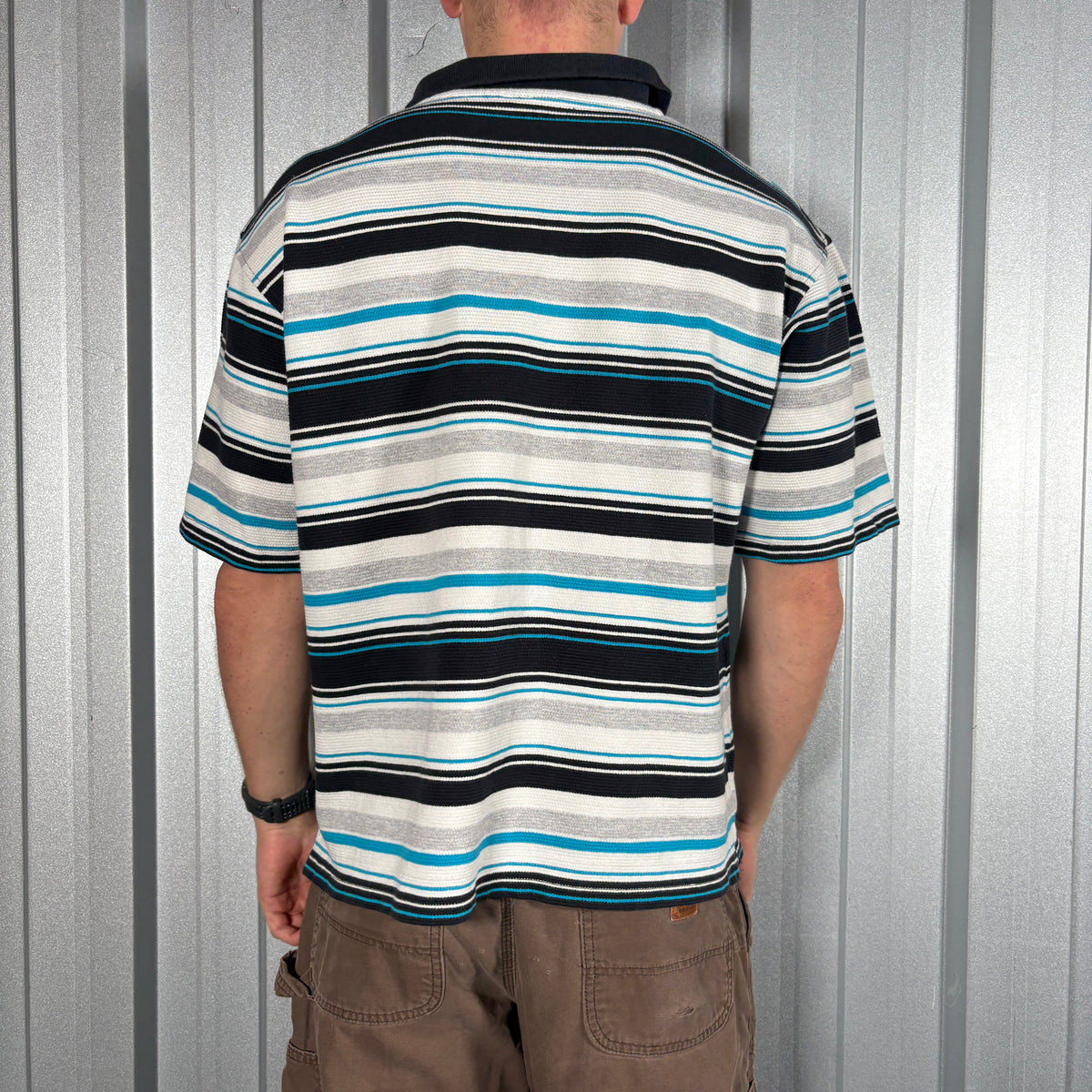 Southpole Blue white Stripe Boxy Hip Hop Y2K Polo T Shirt - L