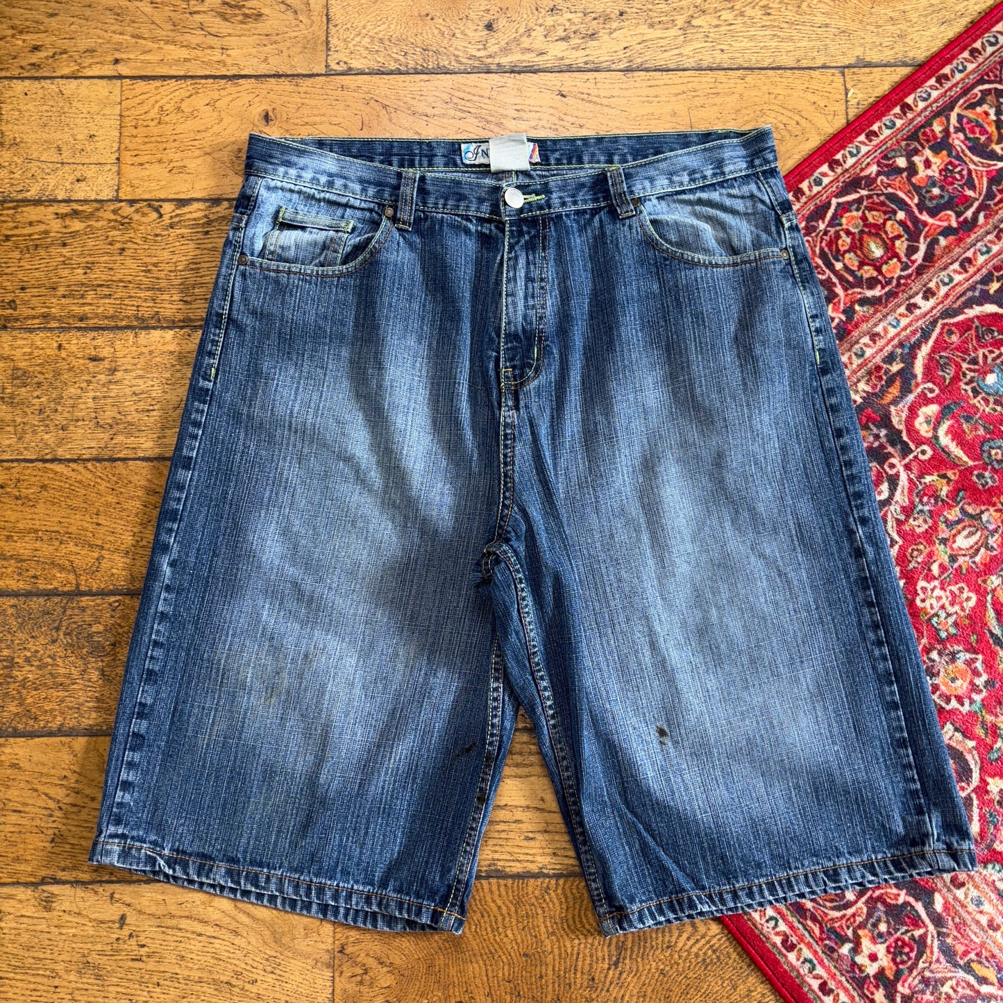 Vintage Indigo 30 Blue Embroidered Y2K Hip Hop Baggy Jeans Shorts Jorts - 40