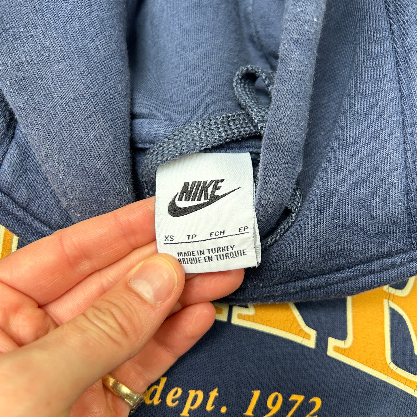 Vintage Nike Navy Spellout Hoodie Sweatshirt - S