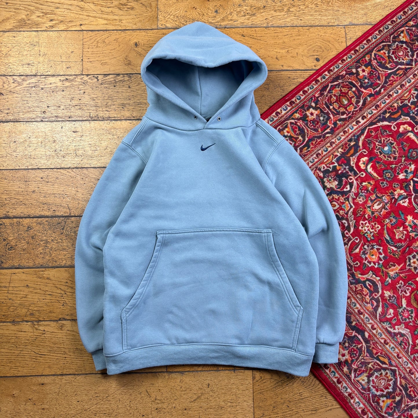 Vintage Nike Blue Centre Swoosh Boxy Blue Hoodie Embroidered Sweatshirt - M