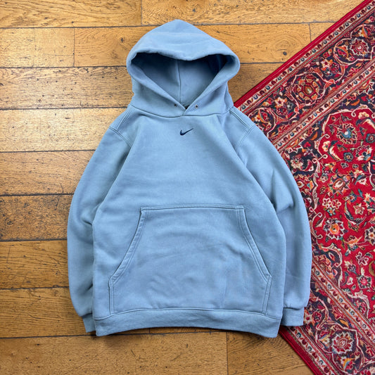 Vintage Nike Blue Centre Swoosh Boxy Blue Hoodie Embroidered Sweatshirt - M