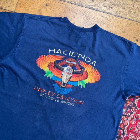 Vintage Harley Davidson Blue Navy Skull Western Graphic T-Shirt - XL
