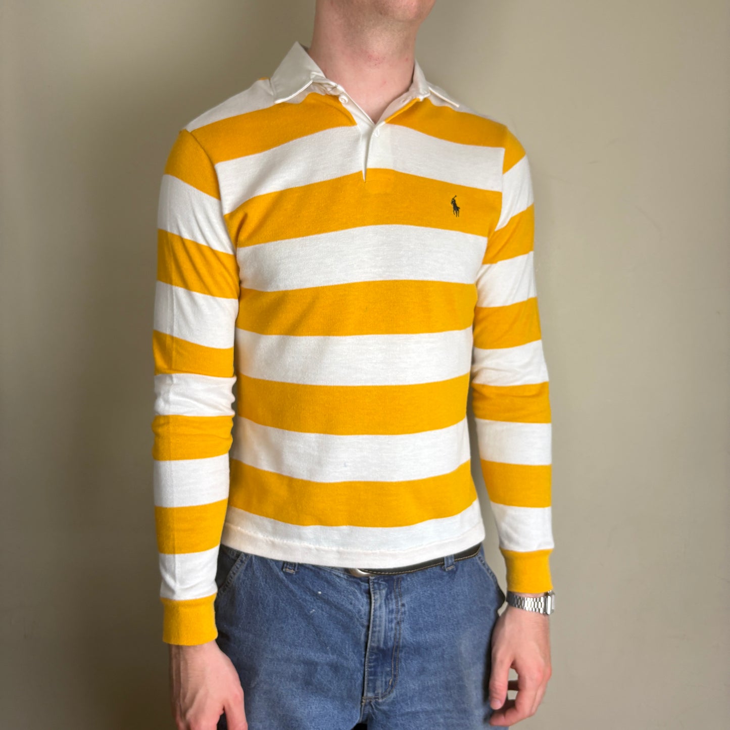 Vintage Ralph Lauren Yellow White Stripe Rugby Polo Shirt - XS