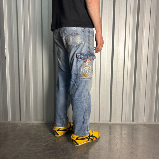 Embroidered Dragon Blue Cargo Japanese Denim Hip Hop Y2K Baggy Jeans - 34S