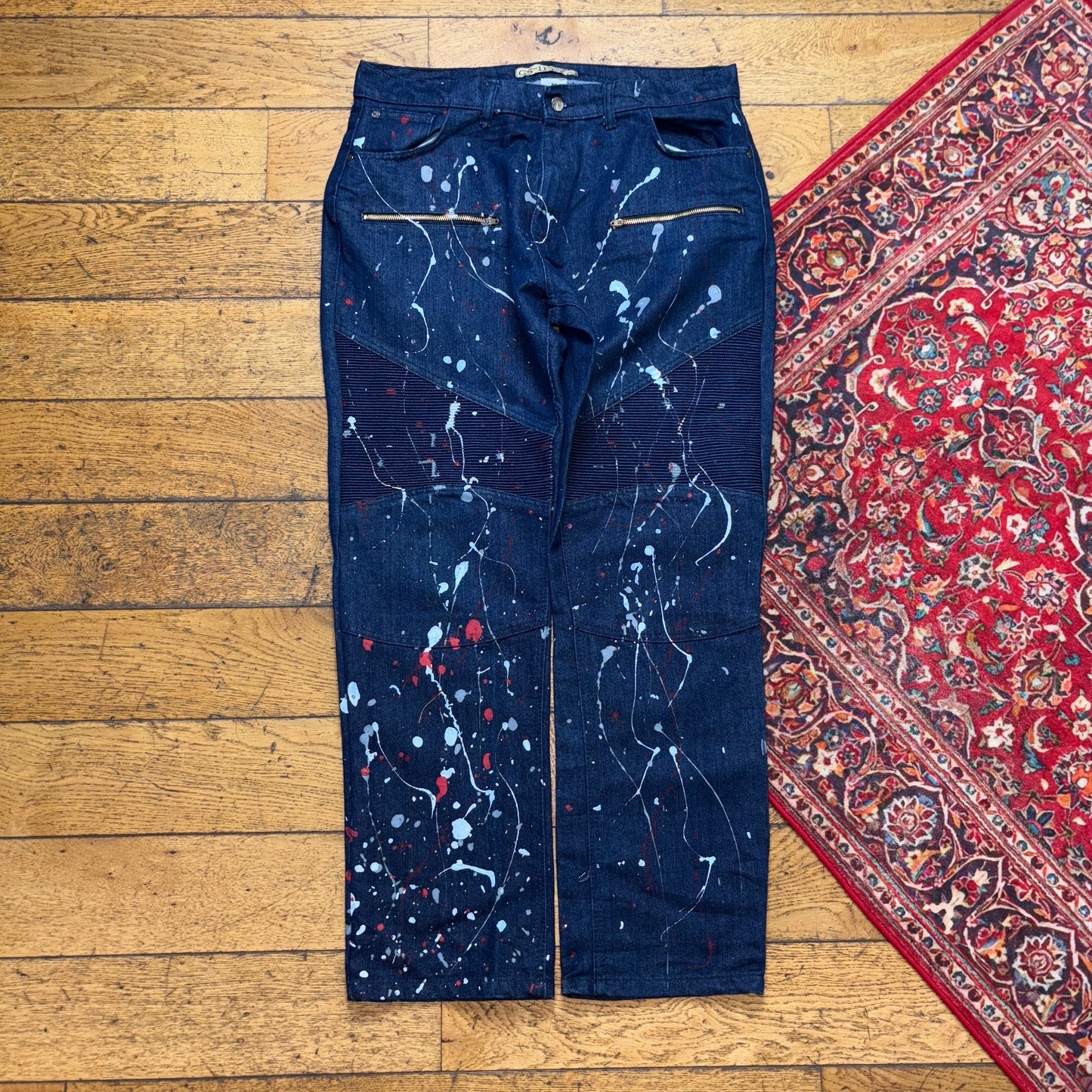 Vintage Navy Paint Splatter Grunge Y2K Hip Hop Baggy Jeans - 38R