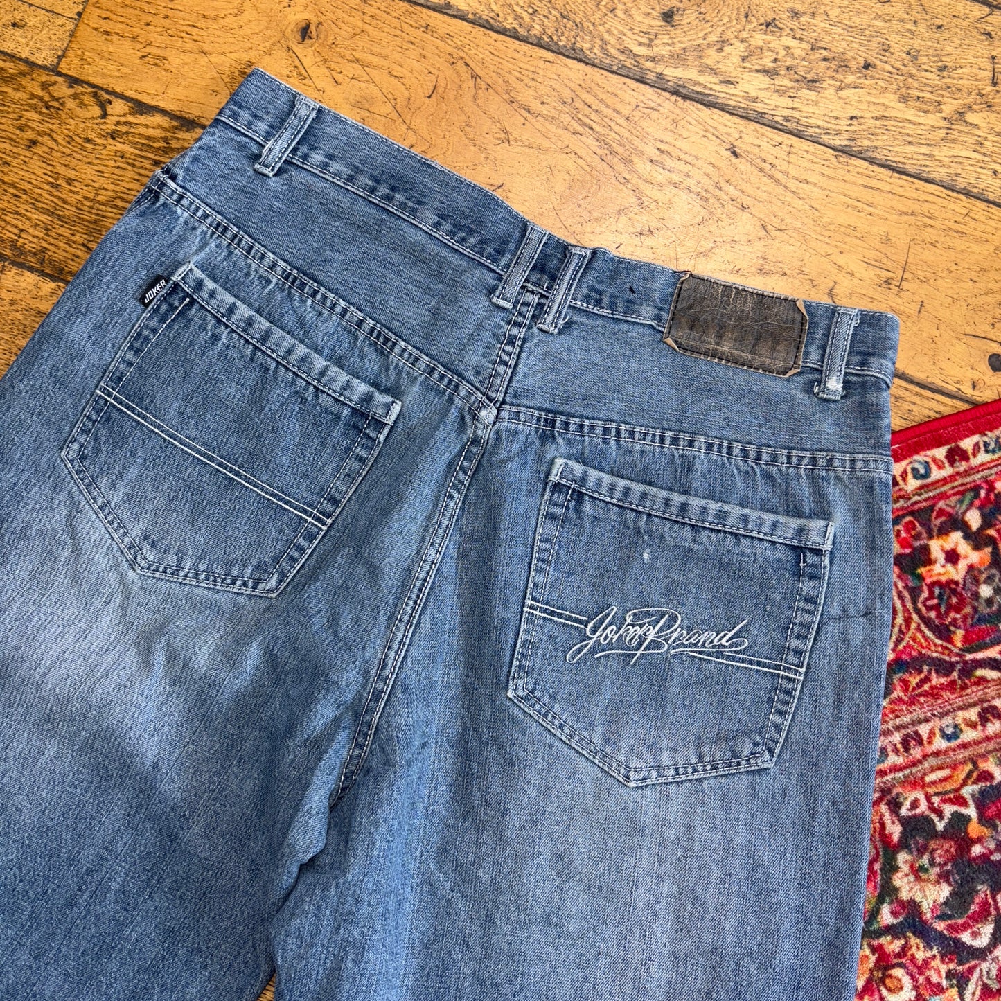 Vintage Joker Blue Embroidered Y2K Hip Hop Baggy Jeans Shorts Jorts - 36
