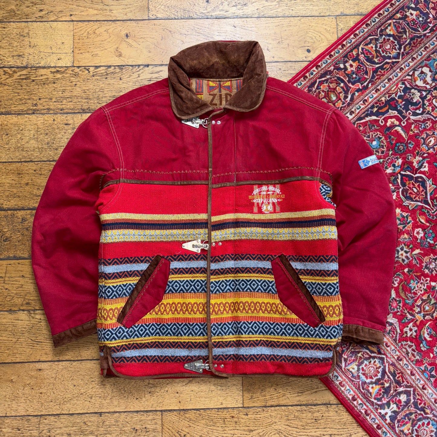 Vintage Zip Red Native American Fireman Clasp Quilted Jacket - XL
