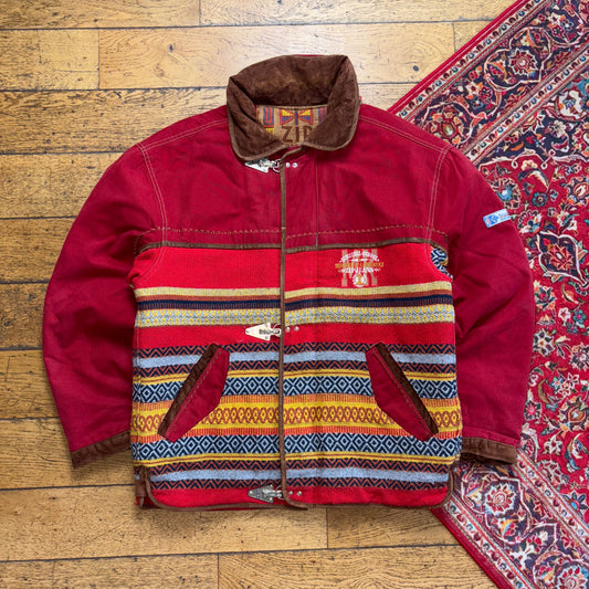 Vintage Zip Red Native American Fireman Clasp Quilted Jacket - XL