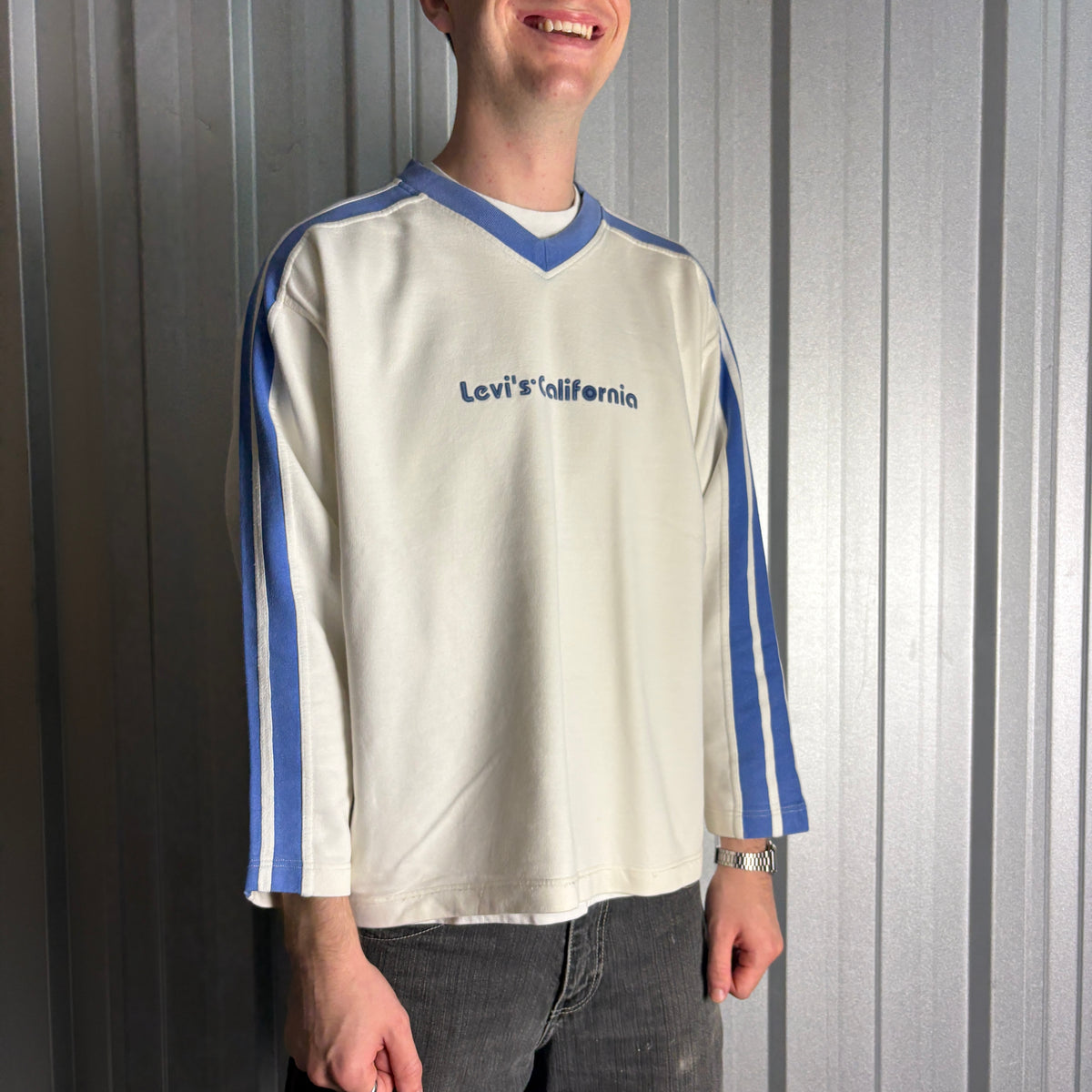 Vintage 90s Levi's White Blue Embroidered Sweatshirt - XL