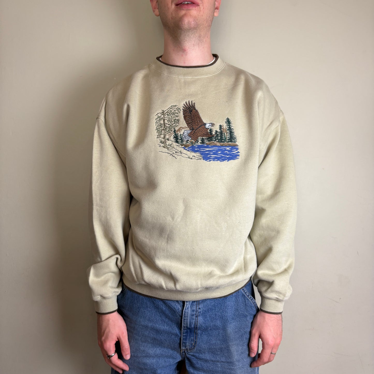 Vintage Eagle Nature Cream Embroidered Sweatshirt - L