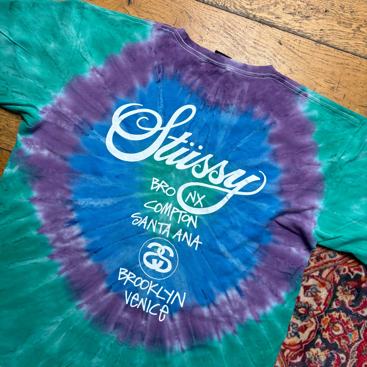 Vintage Stussy Tie Dye Blue Green Graphic T-Shirt - L
