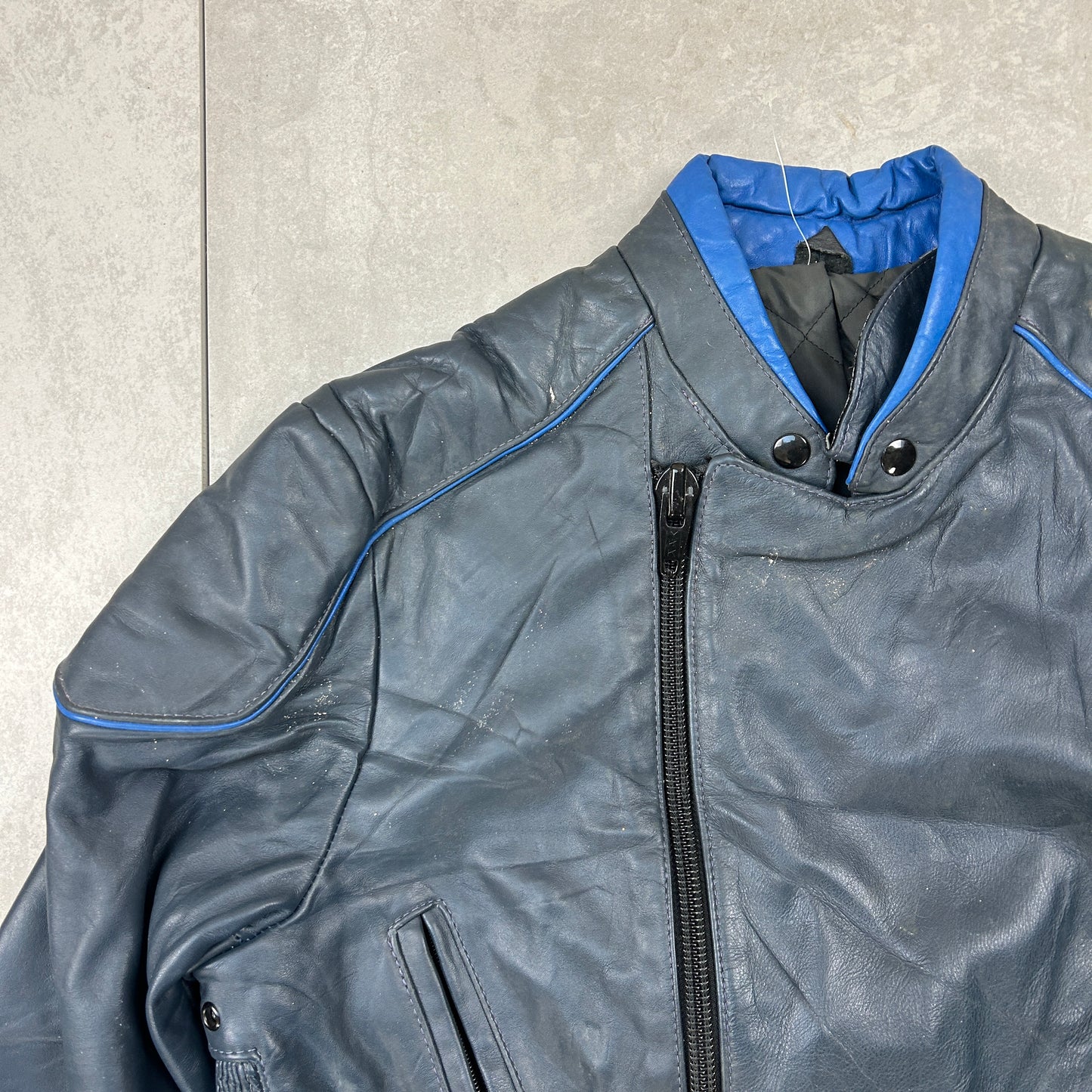 Vintage Grey Blue Biker Motorbike Genuine Leather Bomber Jacket - S