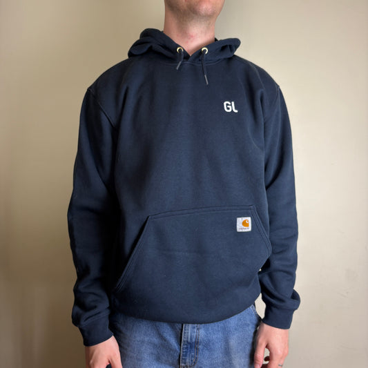 Vintage Carhartt Navy Hoodie Embroidered Sweatshirt - L