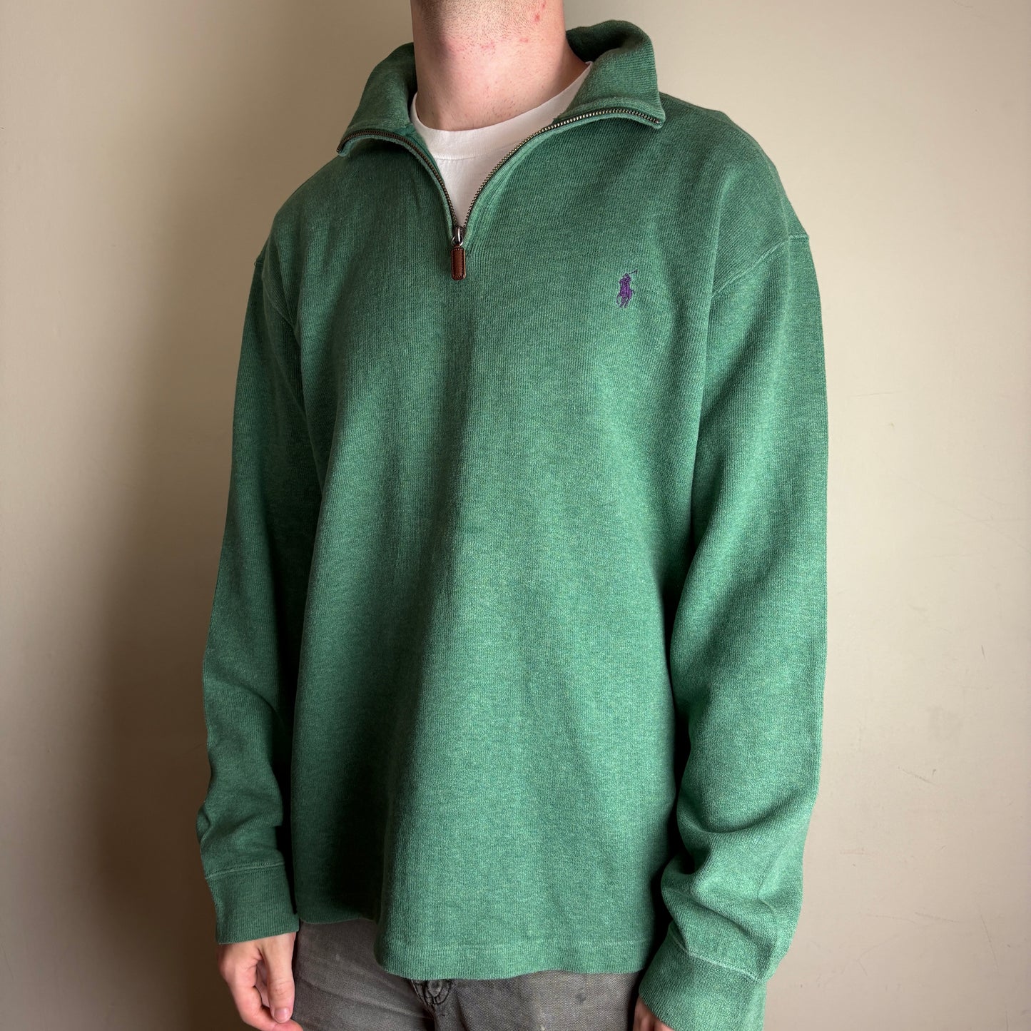 Vintage Ralph Lauren Green Quarter Zip Knit Jumper - XL