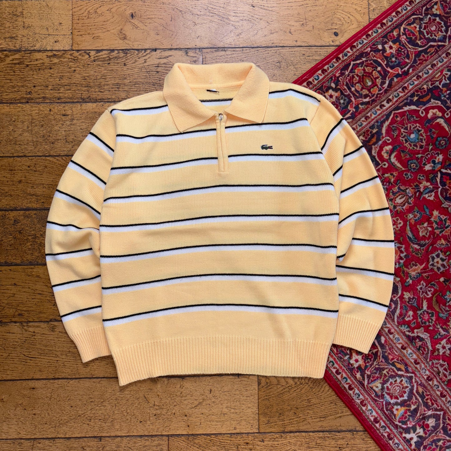 Vintage Lacoste Yellow Chunky Knit Quarter Zip Rugby Shirt Jumper -  M