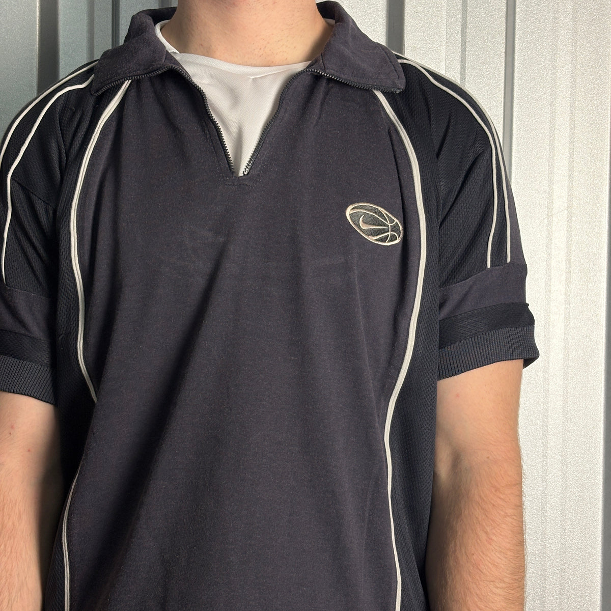 Nike 90s Basketball Black Embroidered Zip Polo T Shirt - M